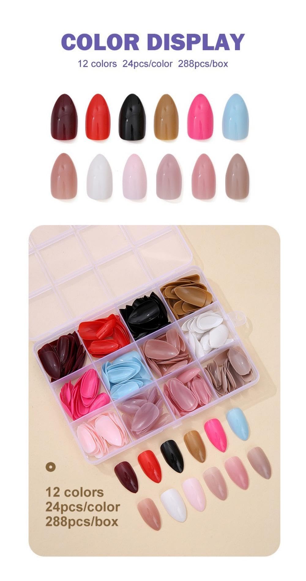 Maigitur 12Packs Press-On Nails – 288Pcs, 12 Colors, Medium Stiletto Glossy Nails