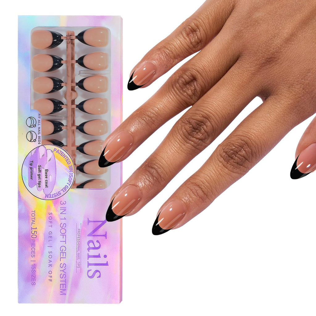 Maigitur Black French Tip Nails – 150Pcs Nude Short Almond Tips | 3-in-1 DIY Manicure