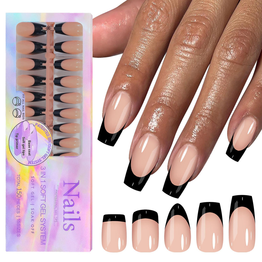Maigitur Black French Tip Nails – 150Pcs Nude Short Almond Tips | 3-in-1 DIY Manicure