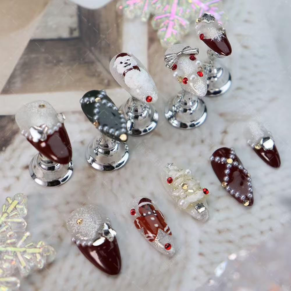 Maigitur 100% Handmade Christmas Press On Nails – Medium Almond, Dark Red French Tips, Snowman & Gingerbread Man