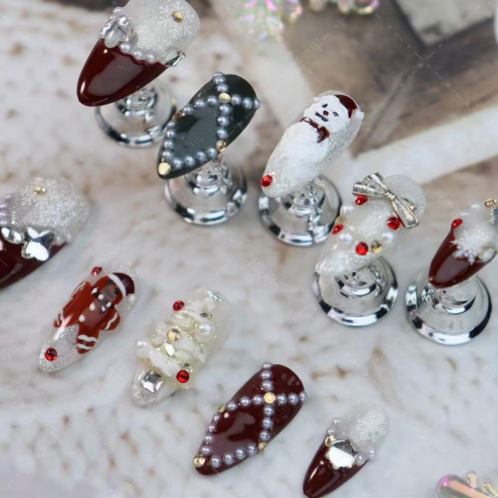 Maigitur 100% Handmade Christmas Press On Nails – Medium Almond, Dark Red French Tips, Snowman & Gingerbread Man