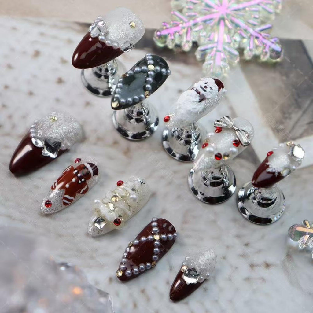 Maigitur 100% Handmade Christmas Press On Nails – Medium Almond, Dark Red French Tips, Snowman & Gingerbread Man