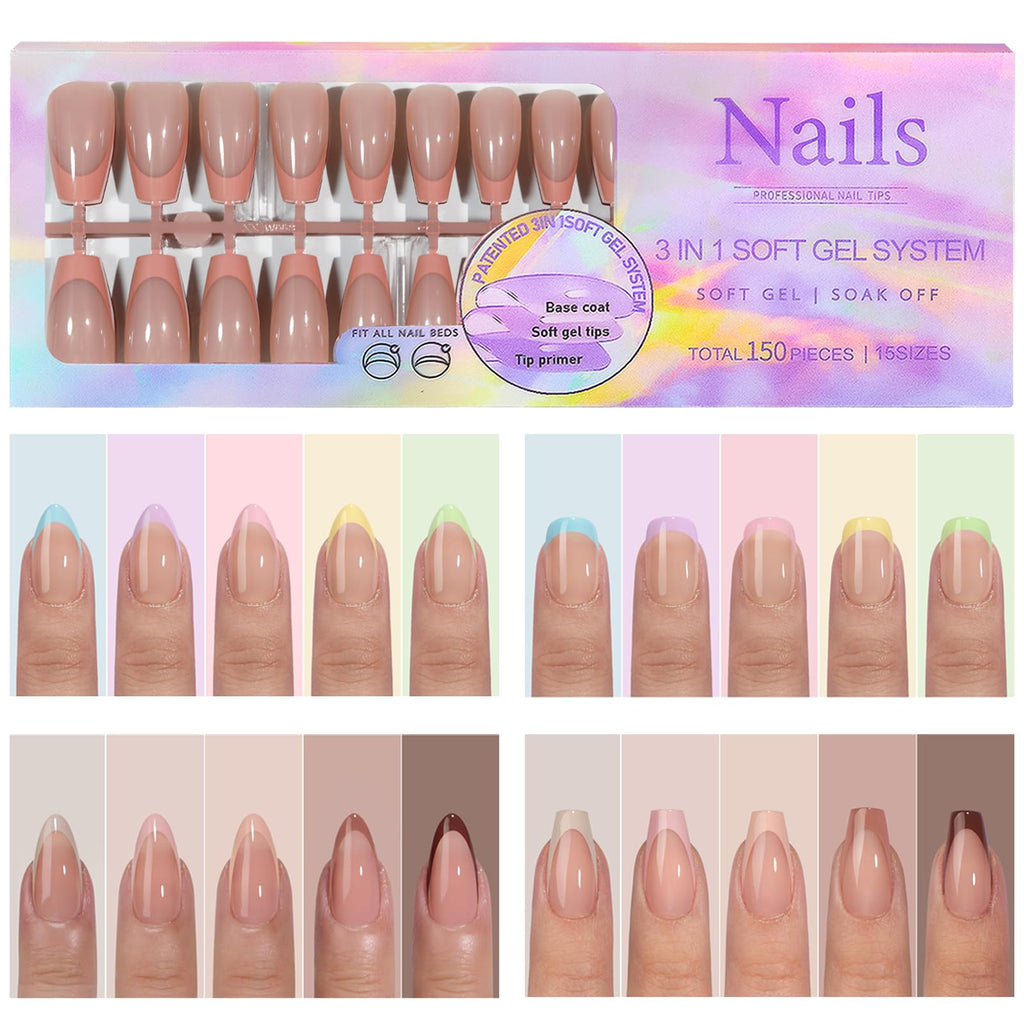Maigitur 150pcs French Gel Press-On Nails – Skin Tones, Extra Short Square Tips, 15 Sizes, Soak-Off Extensions