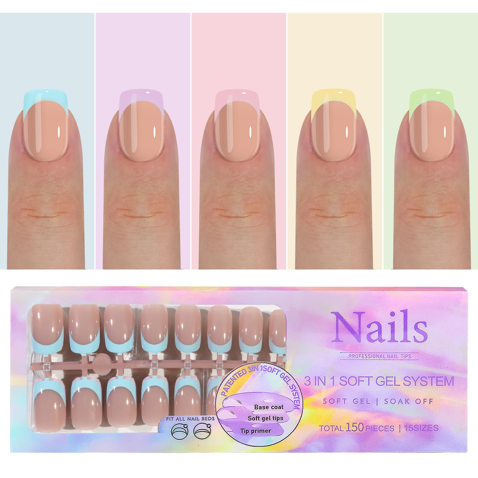 Maigitur 150pcs French Gel Press-On Nails – Skin Tones, Extra Short Square Tips, 15 Sizes, Soak-Off Extensions