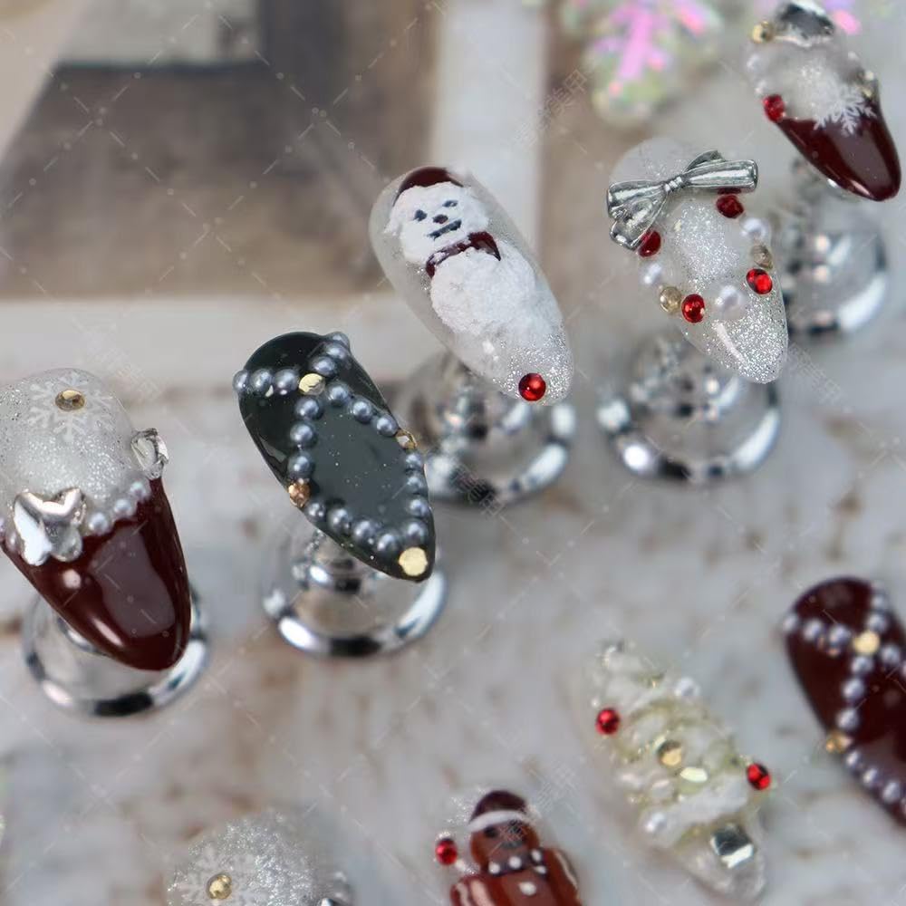 Maigitur 100% Handmade Christmas Press On Nails – Medium Almond, Dark Red French Tips, Snowman & Gingerbread Man