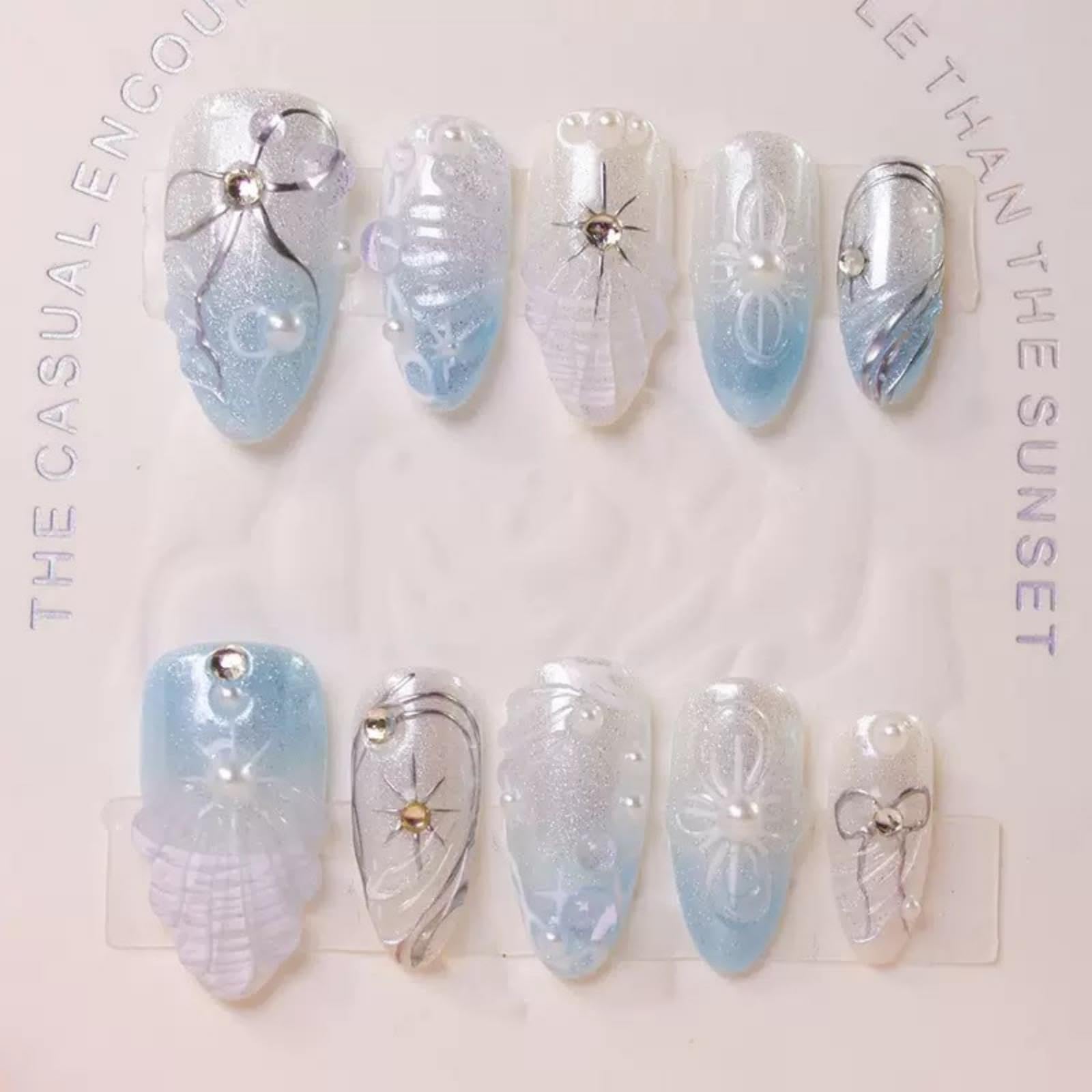 Maigitur 5D Handmade Press On Nails – Medium Almond, Silver Seashell Ombre (Size S)