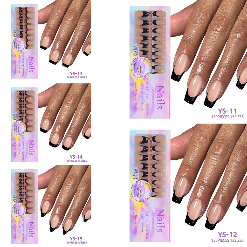 Maigitur Black French Tip Nails – 150Pcs Nude Short Almond Tips | 3-in-1 DIY Manicure