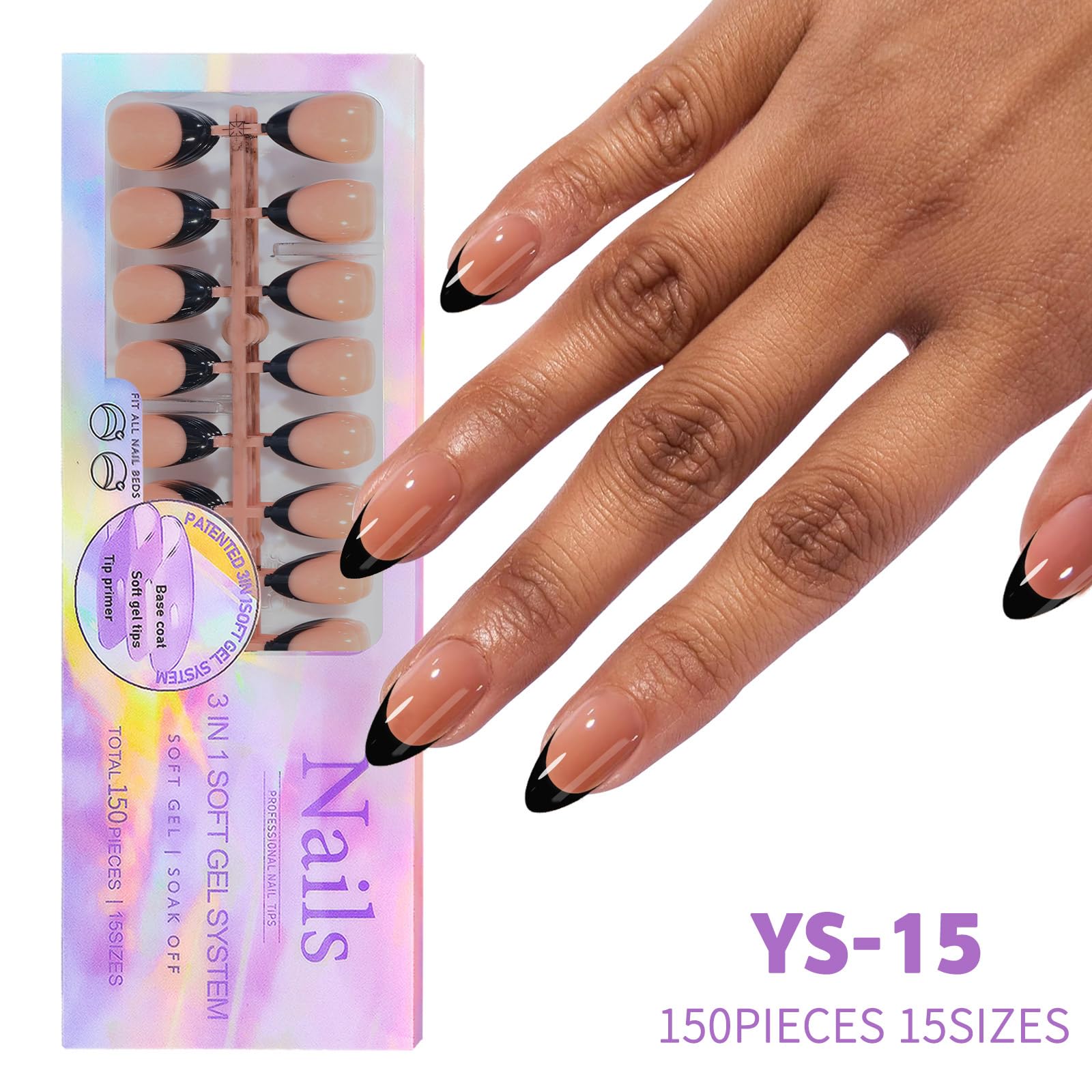 Maigitur Black French Tip Nails – 150Pcs Nude Short Almond Tips | 3-in-1 DIY Manicure