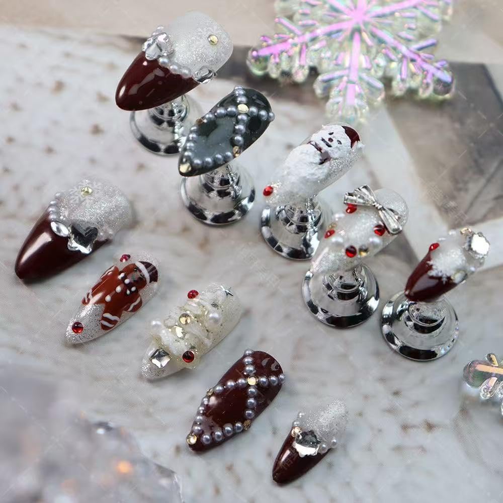 Maigitur 100% Handmade Christmas Press On Nails – Medium Almond, Dark Red French Tips, Snowman & Gingerbread Man