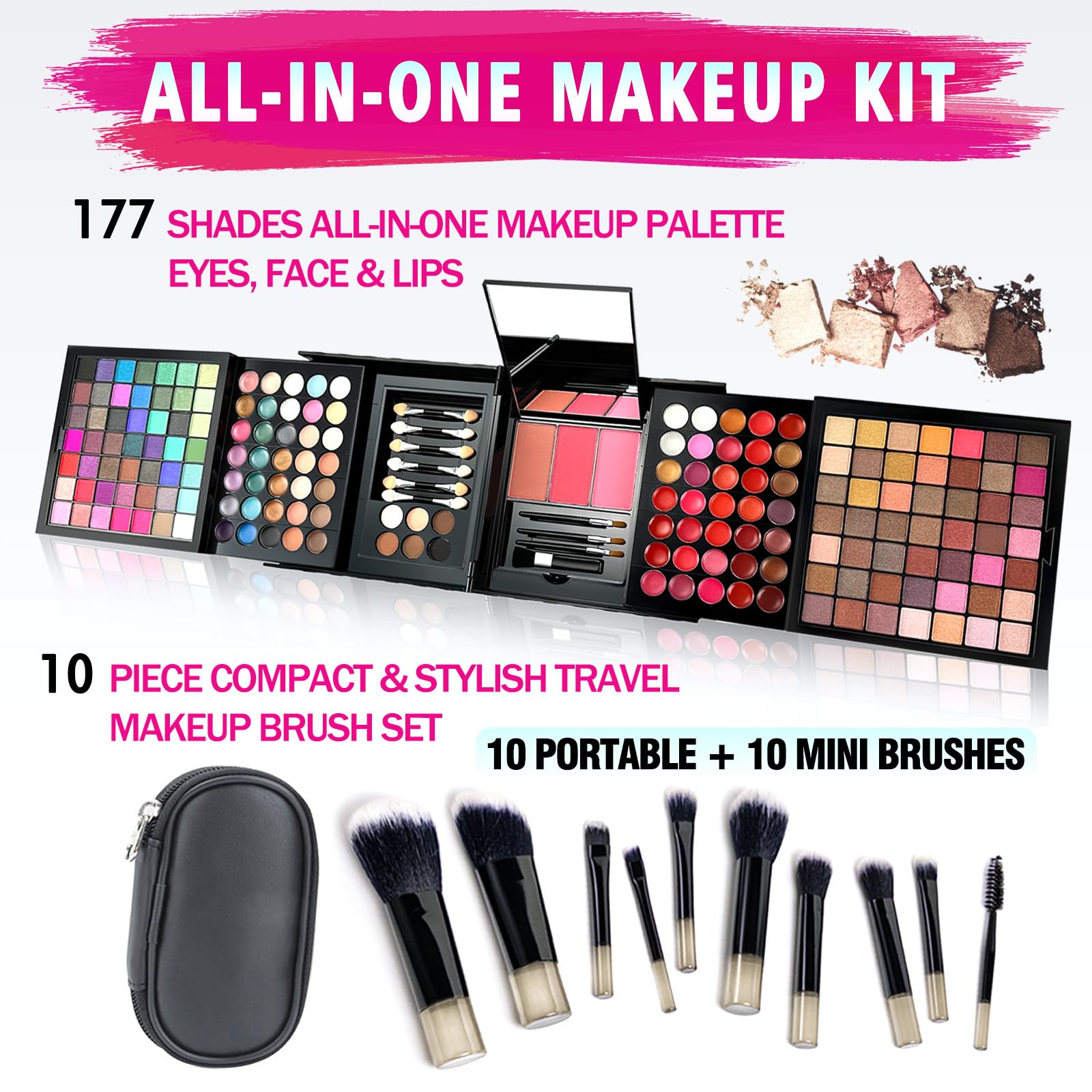 MAIRA 177-Color All-in-One Makeup Palette with 10 Brushes – Portable Case & Complete Beauty Set