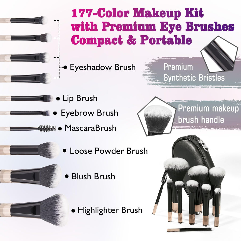 MAIRA 177-Color All-in-One Makeup Palette with 10 Brushes – Portable Case & Complete Beauty Set