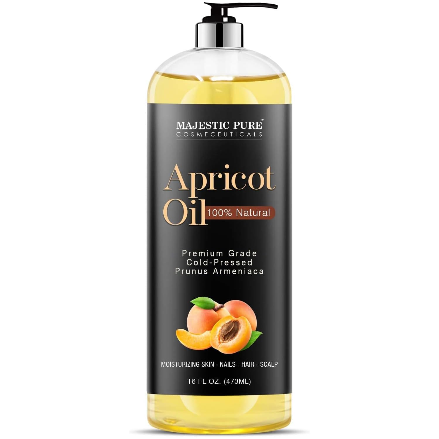 Majestic Pure Apricot Oil – 100% Pure Cold-Pressed Apricot Kernel Oil for Skin, Hair, Massage & Essential Oil Dilution | 16 fl oz