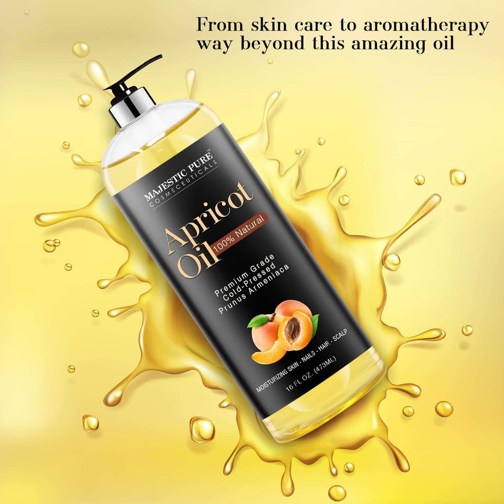 Majestic Pure Apricot Oil – 100% Pure Cold-Pressed Apricot Kernel Oil for Skin, Hair, Massage & Essential Oil Dilution | 16 fl oz