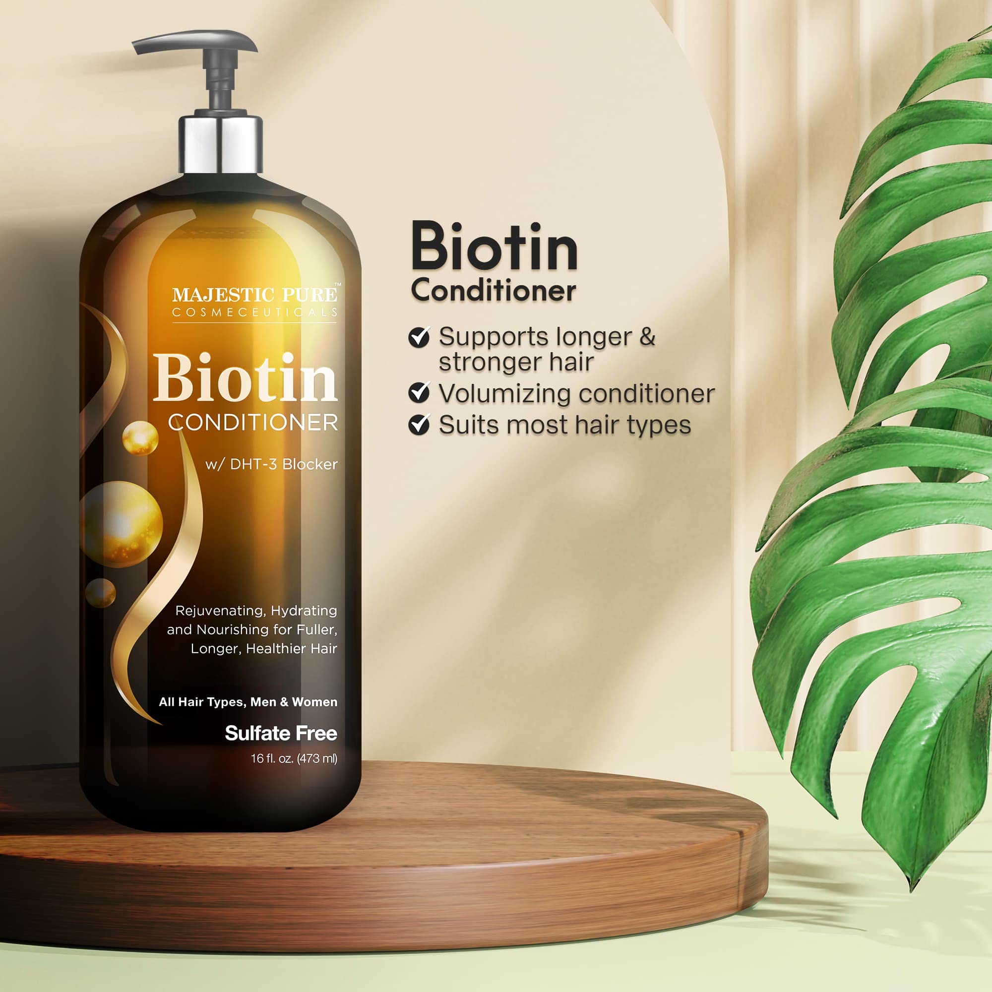 Majestic Pure Biotin Conditioner for Hair Loss – Thickening & Volumizing, DHT-3 Blocker, Keratin & Rosemary Oil, Sulfate Free, All Hair Types, 16 fl oz