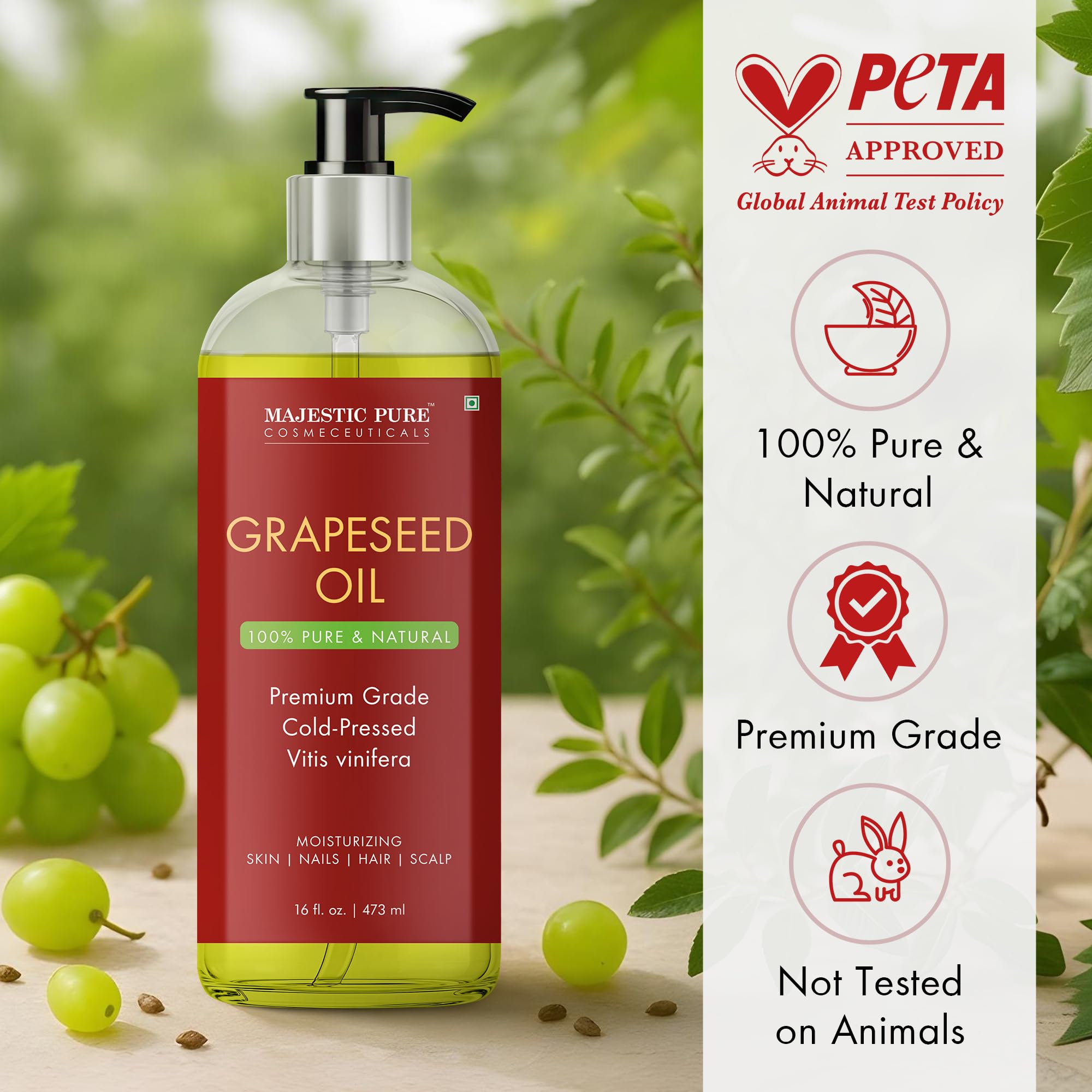 Majestic Pure Grapeseed Oil - 100% Pure & Natural, Cold-Pressed Carrier Oil for Skin, Hair & Body - 16 Fl Oz