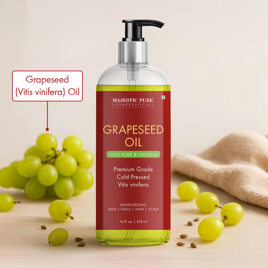 Majestic Pure Grapeseed Oil - 100% Pure & Natural, Cold-Pressed Carrier Oil for Skin, Hair & Body - 16 Fl Oz