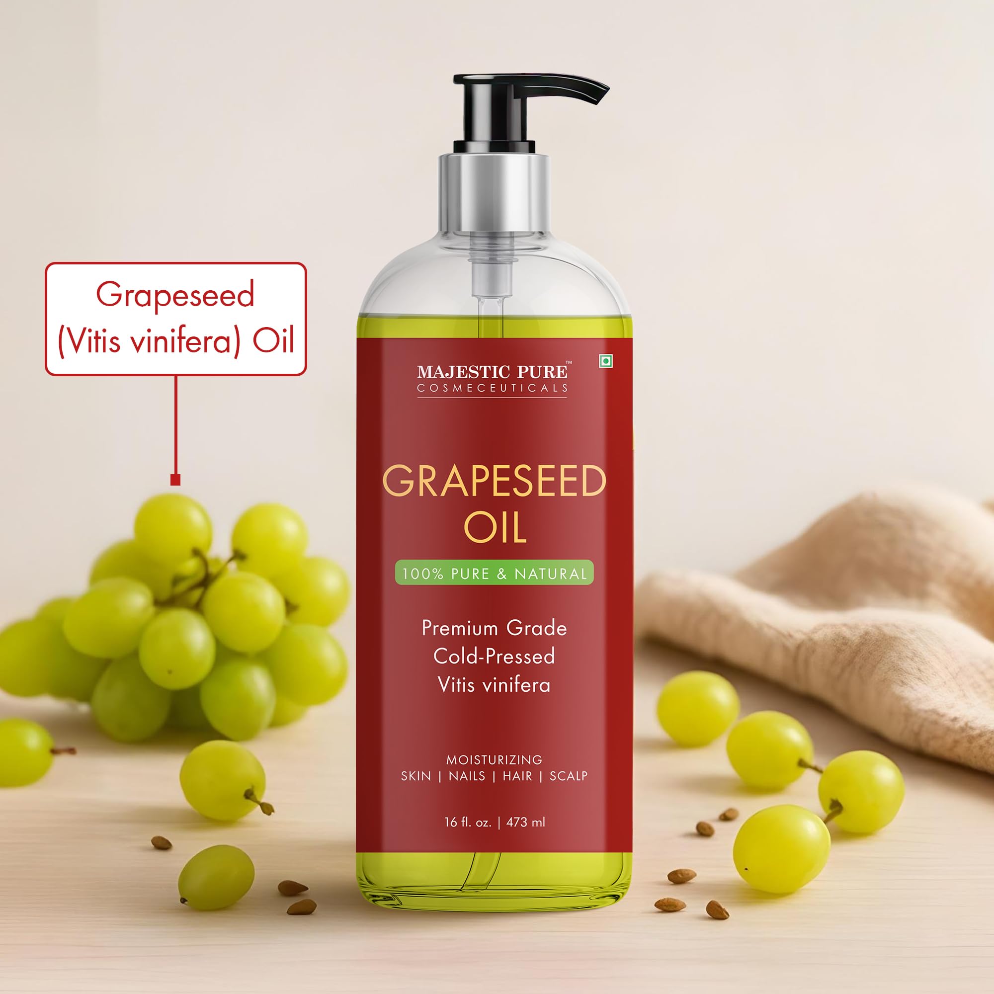 Majestic Pure Grapeseed Oil - 100% Pure & Natural, Cold-Pressed Carrier Oil for Skin, Hair & Body - 16 Fl Oz