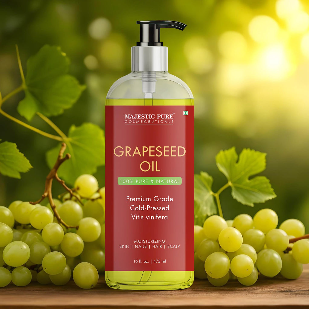 Majestic Pure Grapeseed Oil - 100% Pure & Natural, Cold-Pressed Carrier Oil for Skin, Hair & Body - 16 Fl Oz