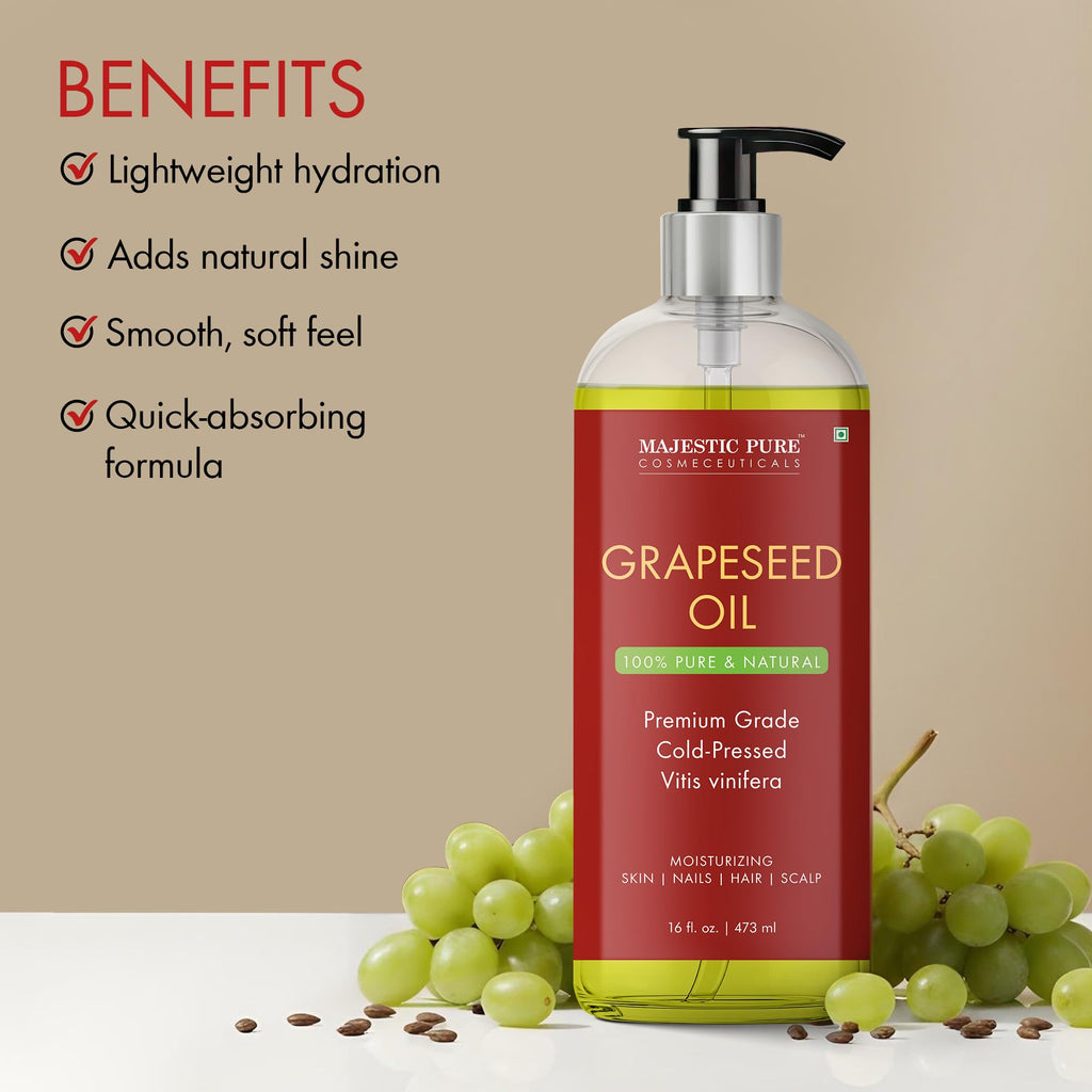 Majestic Pure Grapeseed Oil - 100% Pure & Natural, Cold-Pressed Carrier Oil for Skin, Hair & Body - 16 Fl Oz