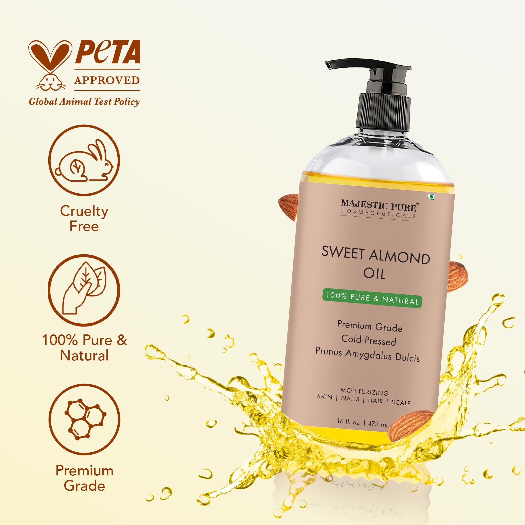 Majestic Pure Sweet Almond Oil — Cold-Pressed, Triple A Grade, Spanish Origin, 16 fl oz