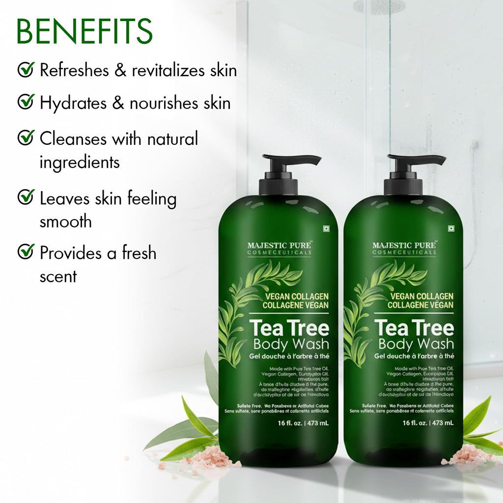 Majestic Pure Tea Tree Body Wash - Soothe Dry Skin & Irritation - Cruelty-Free, Sulfate-Free (16 fl oz Pack of 2)