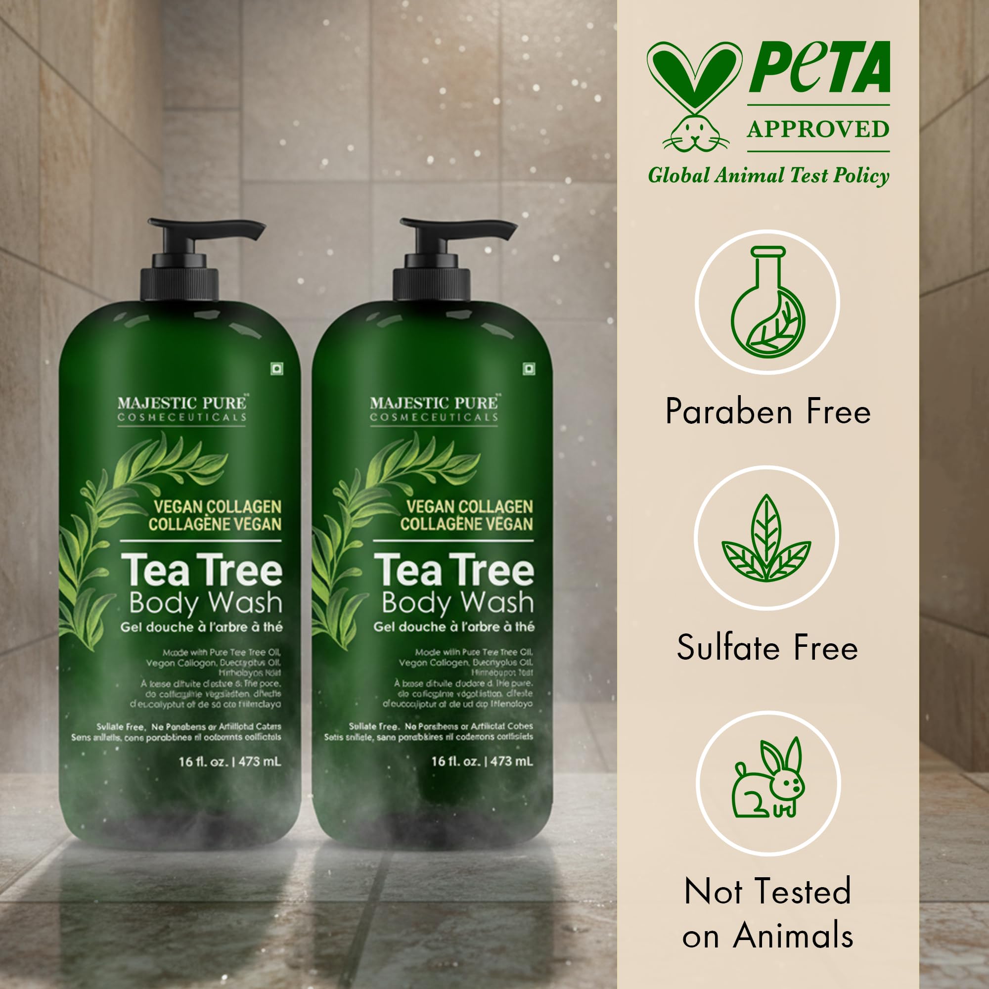 Majestic Pure Tea Tree Body Wash - Soothe Dry Skin & Irritation - Cruelty-Free, Sulfate-Free (16 fl oz Pack of 2)