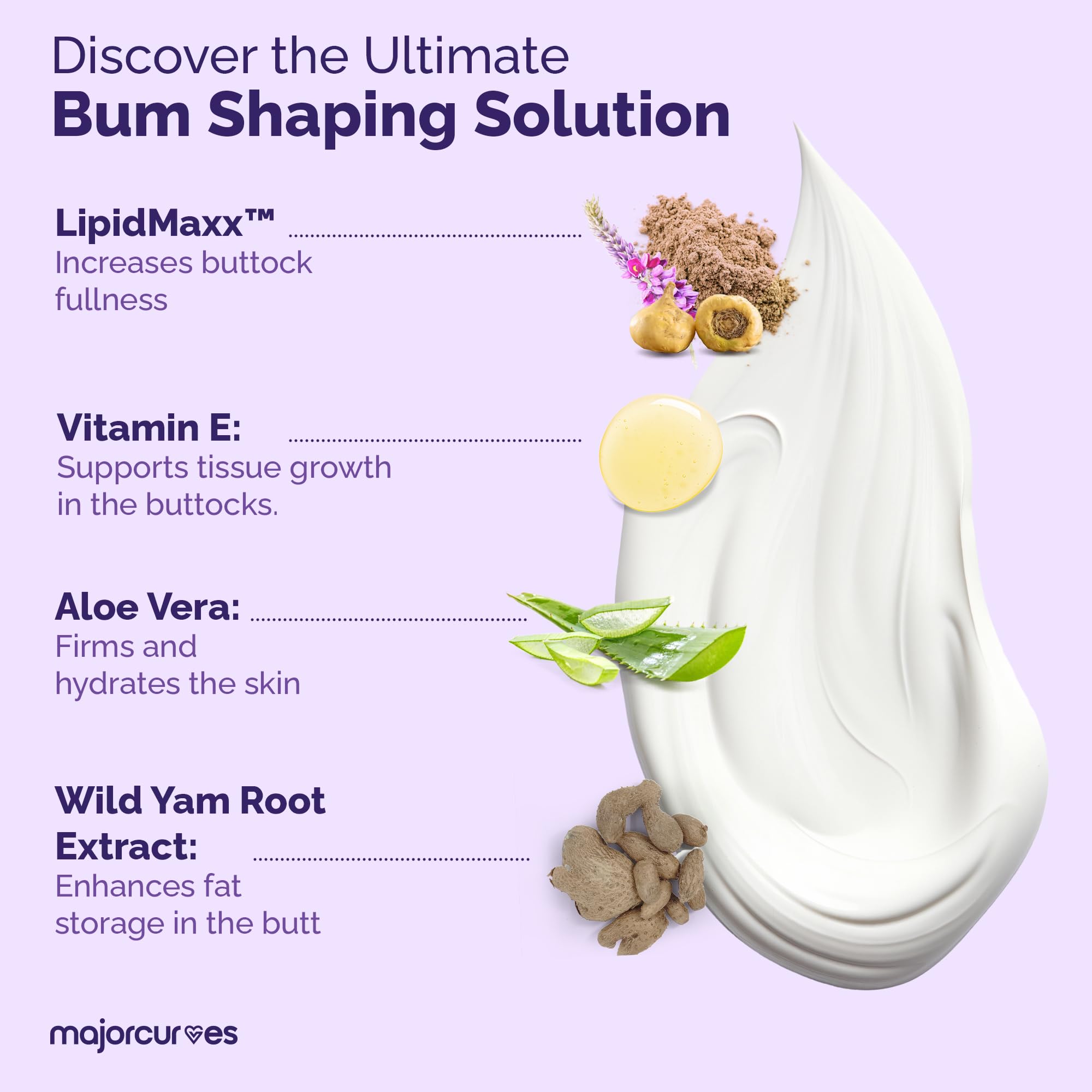 Major Curves Bum Booster Cream – Natural Butt Lift & Firming with LipidMaxx, Wild Yam & Aloe – 6 oz