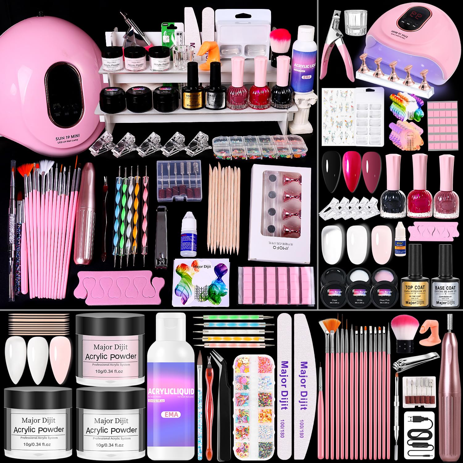 Major Dijit Acrylic Nail Kit – All-in-One Starter Set with Drill, Lamp, Polishes & Gels for Home Salon
