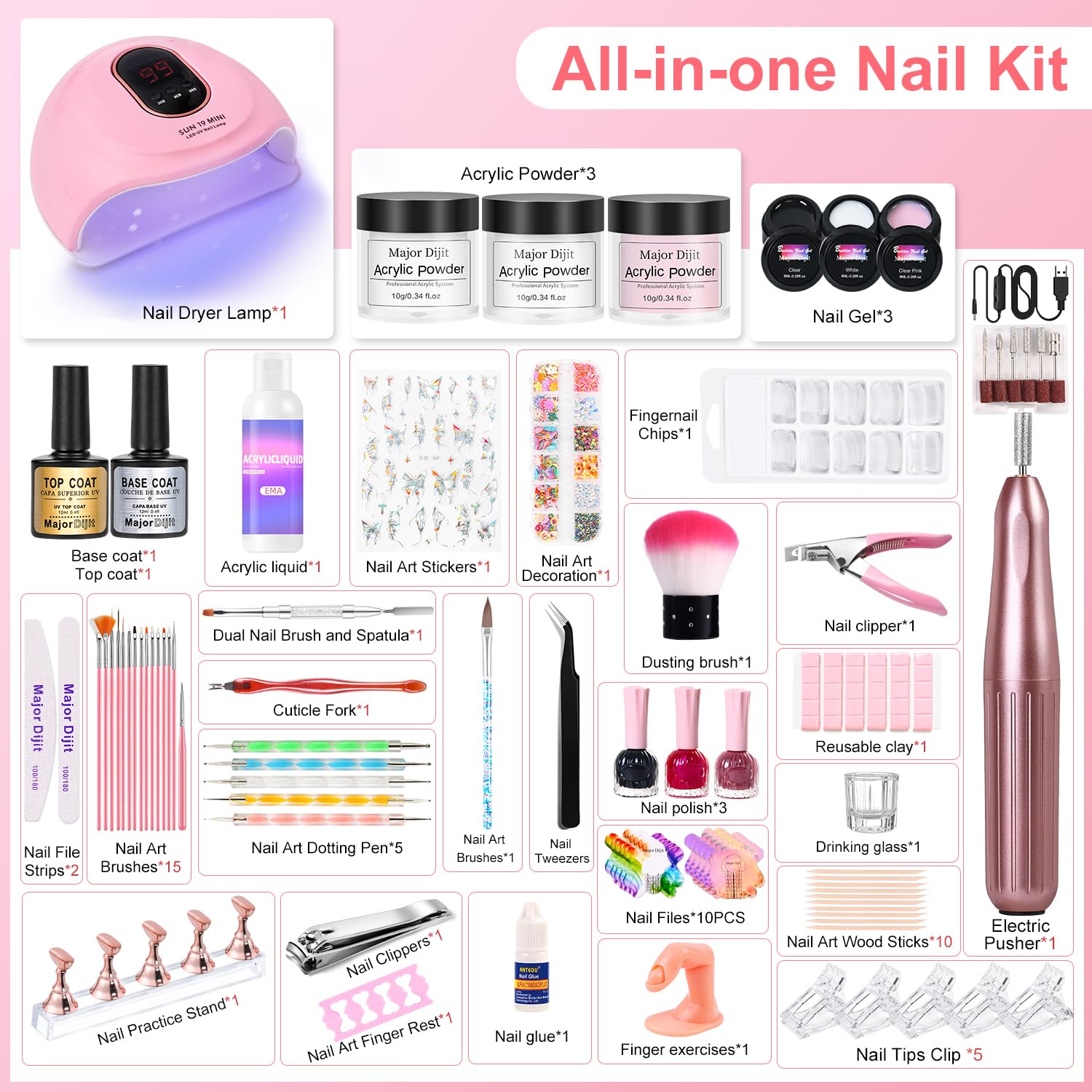 Major Dijit Acrylic Nail Kit – All-in-One Starter Set with Drill, Lamp, Polishes & Gels for Home Salon
