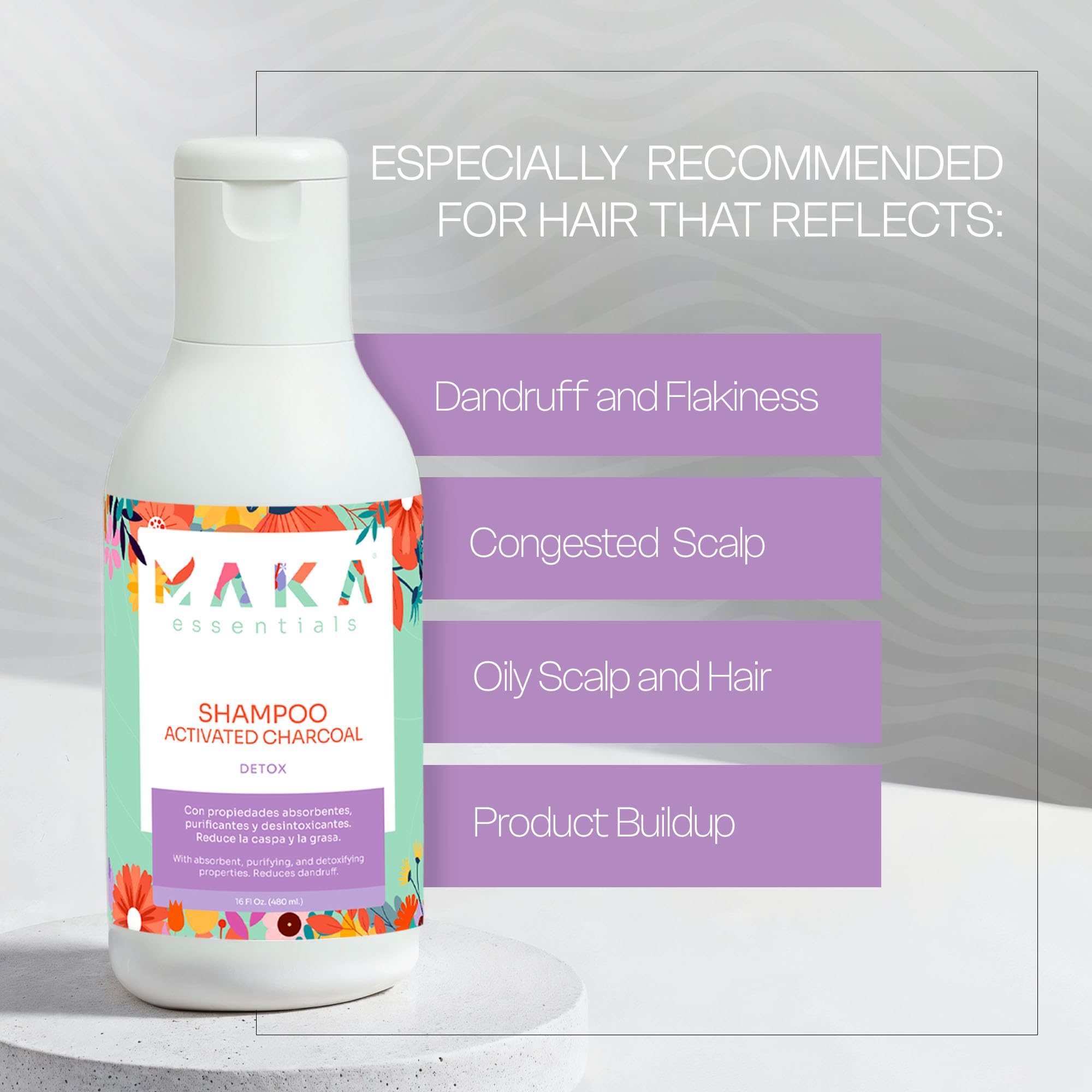 Maka Essentials Charcoal Shampoo for Oily Hair – Purifying, Deep Clean & Oil Control (16 oz)