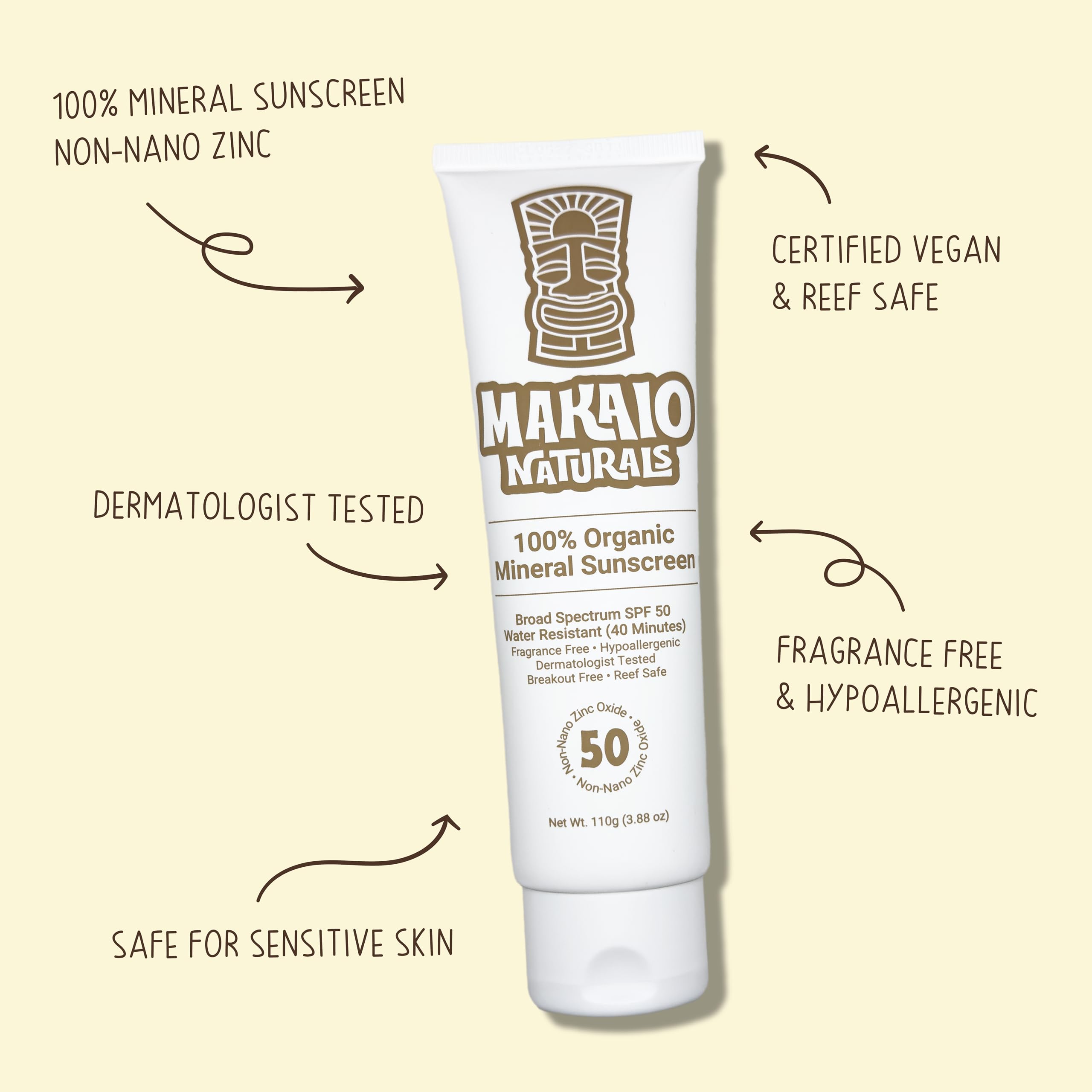 Makaio Naturals SPF 50 Mineral Sunscreen – Unscented, Face & Body, Non-Nano Zinc, Reef Safe, Vegan