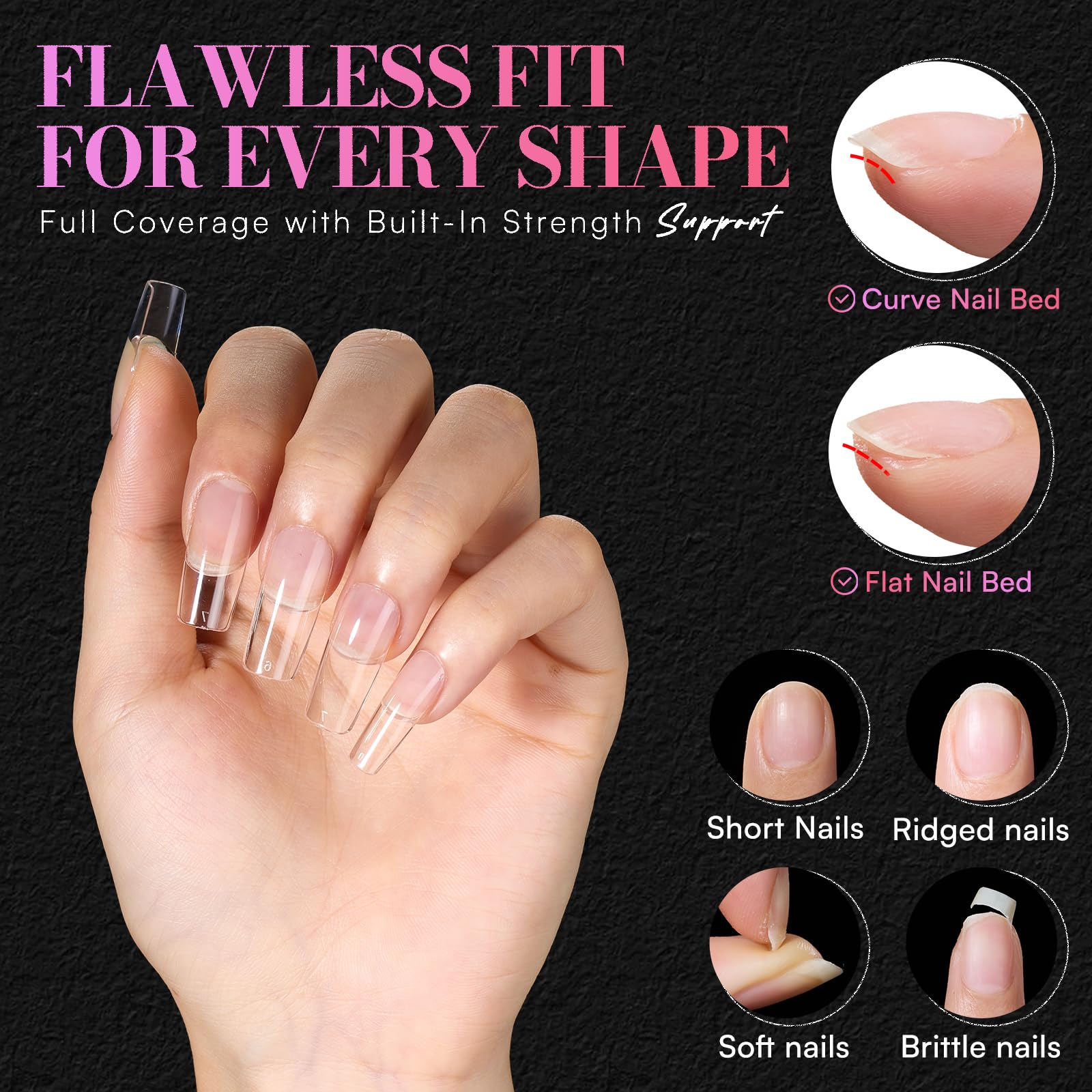 Makartt Medium Square Nail Tips – 504 PCS, 13 Sizes, Clear, Half-Matte