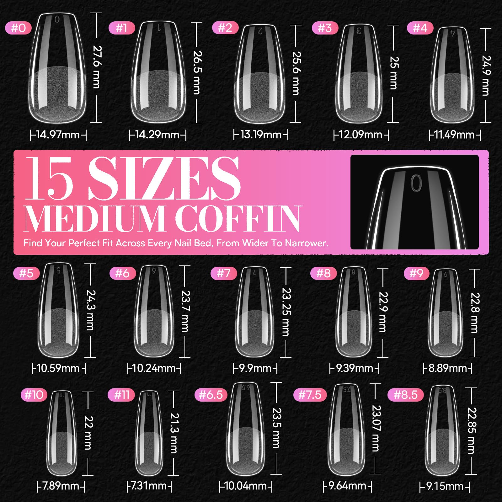 Makartt Medium Coffin Nail Tips – 504 PCS Pre-Etched Clear Nails, 15 Sizes, Half-Matte Finish, Press-On Extensions