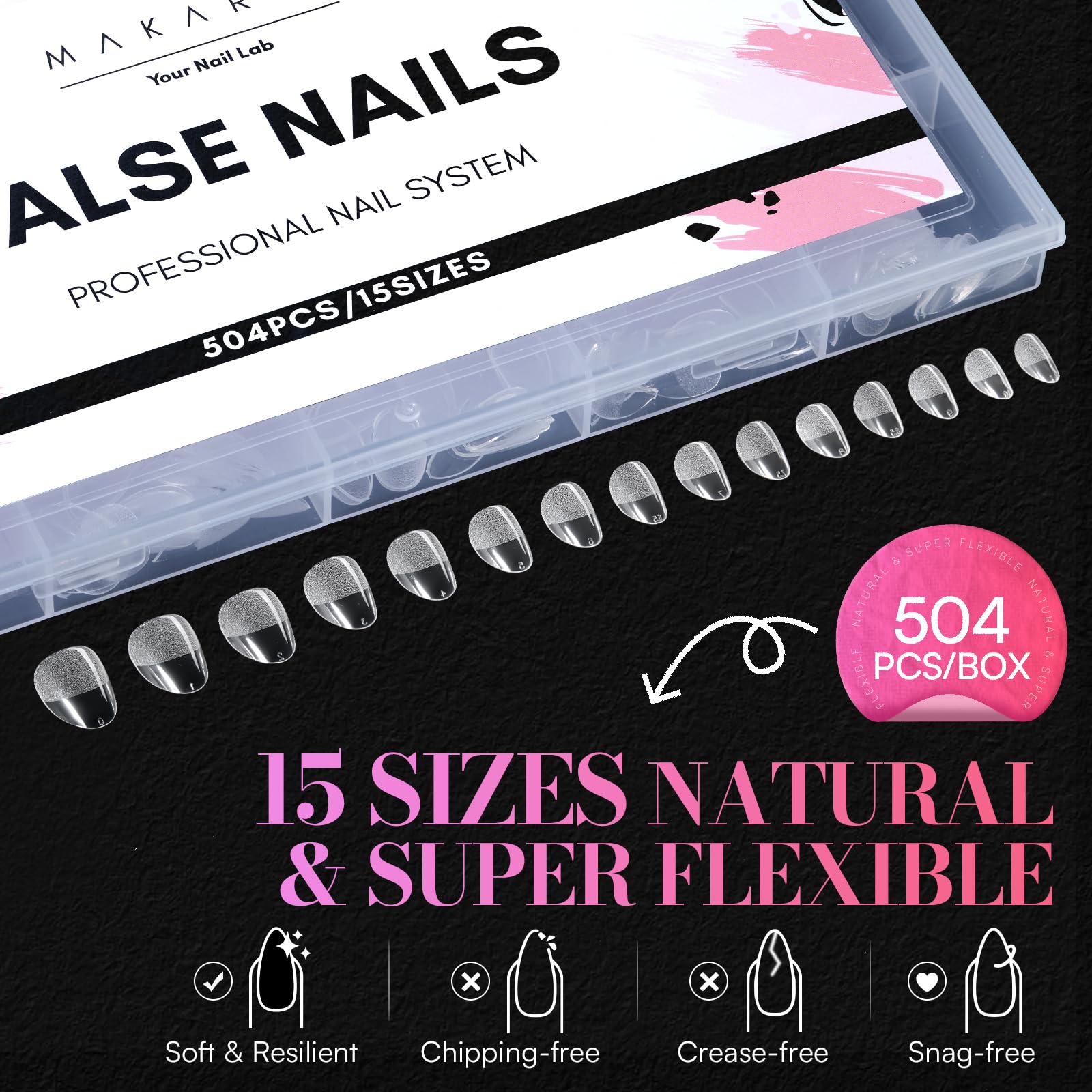 Makartt Extra Short Almond Nail Tips – 504Pcs, 15 Sizes, Clear Full-Cover Almond Tips, Half-Matte Finish