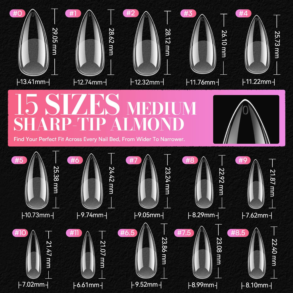 Makartt Medium Stiletto Almond Nail Tips – 504 Pcs, 15 Sizes, Pre-Etched, Clear Full-Cover