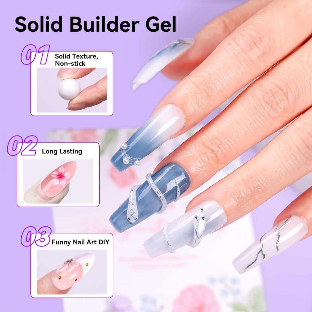 Makartt 3D Gel Nail Art – 4-in-1 Solid Builder Gel White, Non-Sticky, 2x15ml + UV Glue for Tips