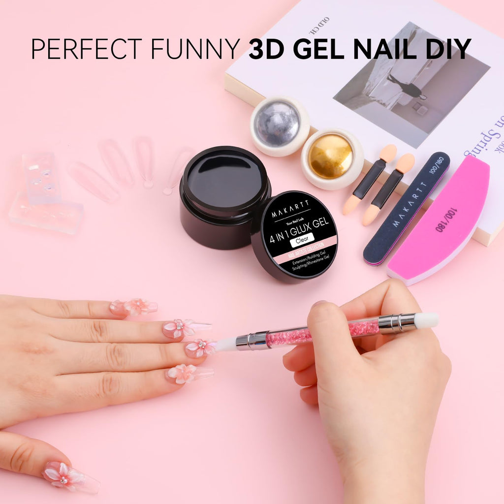Makartt 3D Sculpting Gel Kit – 30g Clear, Non-Sticky 3D Nail Art Gel with Chrome Powder & Molds