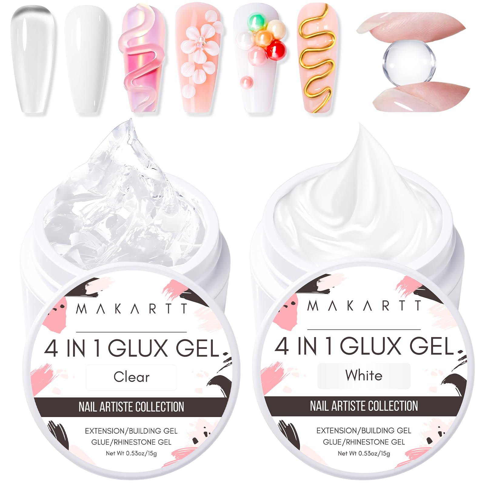 Makartt 3D Gel Nail Art Kit – 4-in-1 Clear & White Solid Gel Builder for 3D Sculpting & Extensions