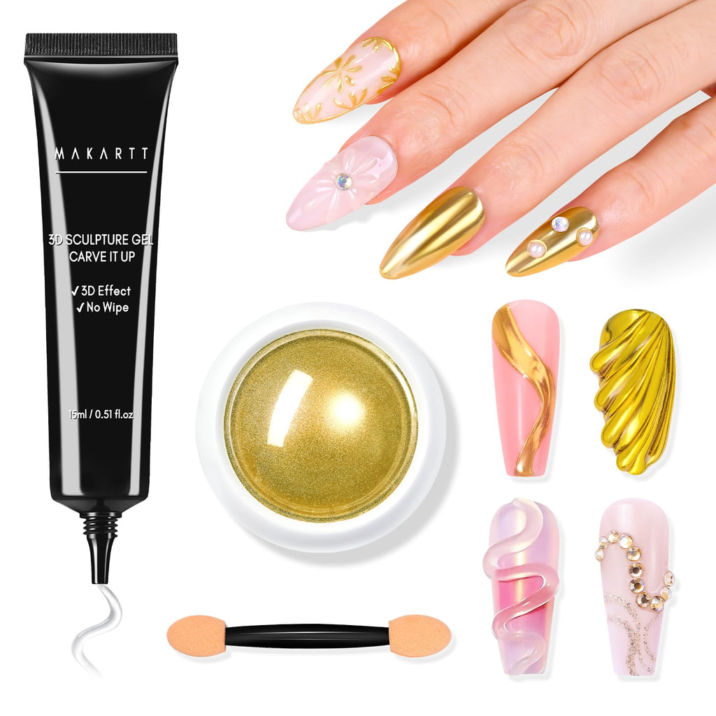 Makartt 3D Gel Nail Art Kit with Gold Chrome Powder – Clear Molding Gel & Mirror Powder Set