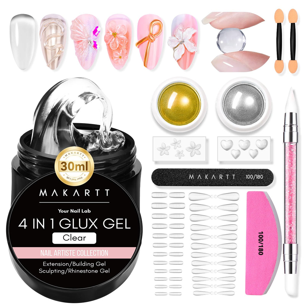Makartt 3D Sculpting Gel Kit – 30g Clear, Non-Sticky 3D Nail Art Gel with Chrome Powder & Molds