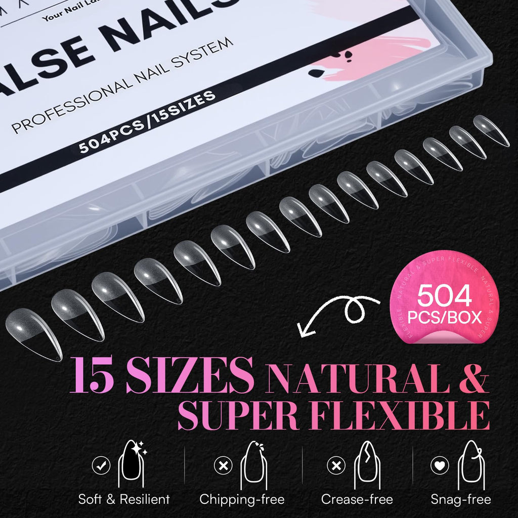 Makartt Medium Stiletto Almond Nail Tips – 504 Pcs, 15 Sizes, Pre-Etched, Clear Full-Cover