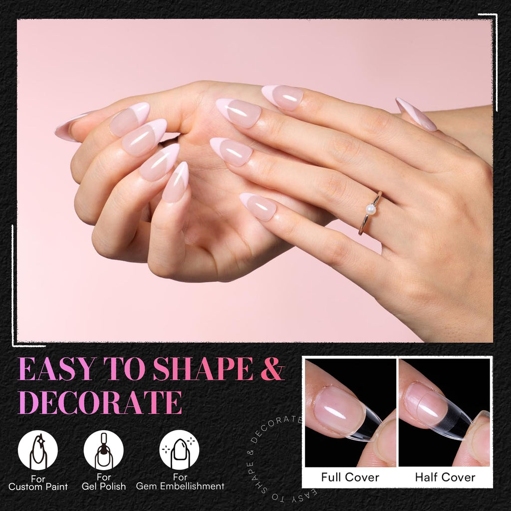 Makartt Extra Short Almond Nail Tips – 504Pcs, 15 Sizes, Clear Full-Cover Almond Tips, Half-Matte Finish
