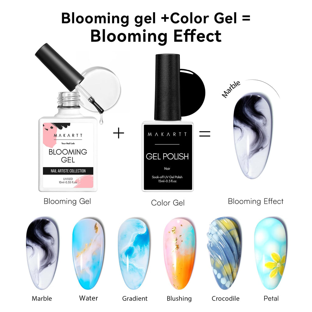 Makartt Blooming Gel & 3D Gel Nail Art Kit — Watercolor Marble Effects, 3D Molding & Gems (UV/LED 15ml)