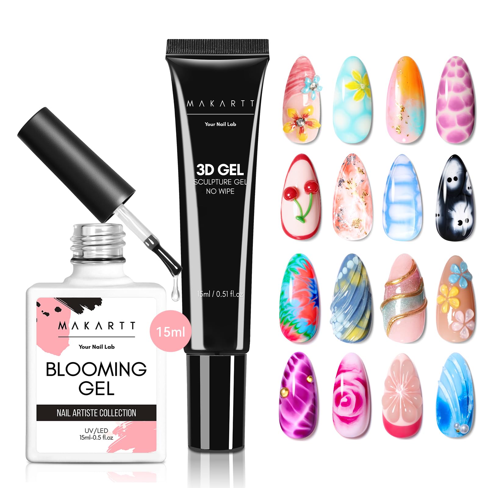Makartt Blooming Gel & 3D Gel Nail Art Kit — Watercolor Marble Effects, 3D Molding & Gems (UV/LED 15ml)
