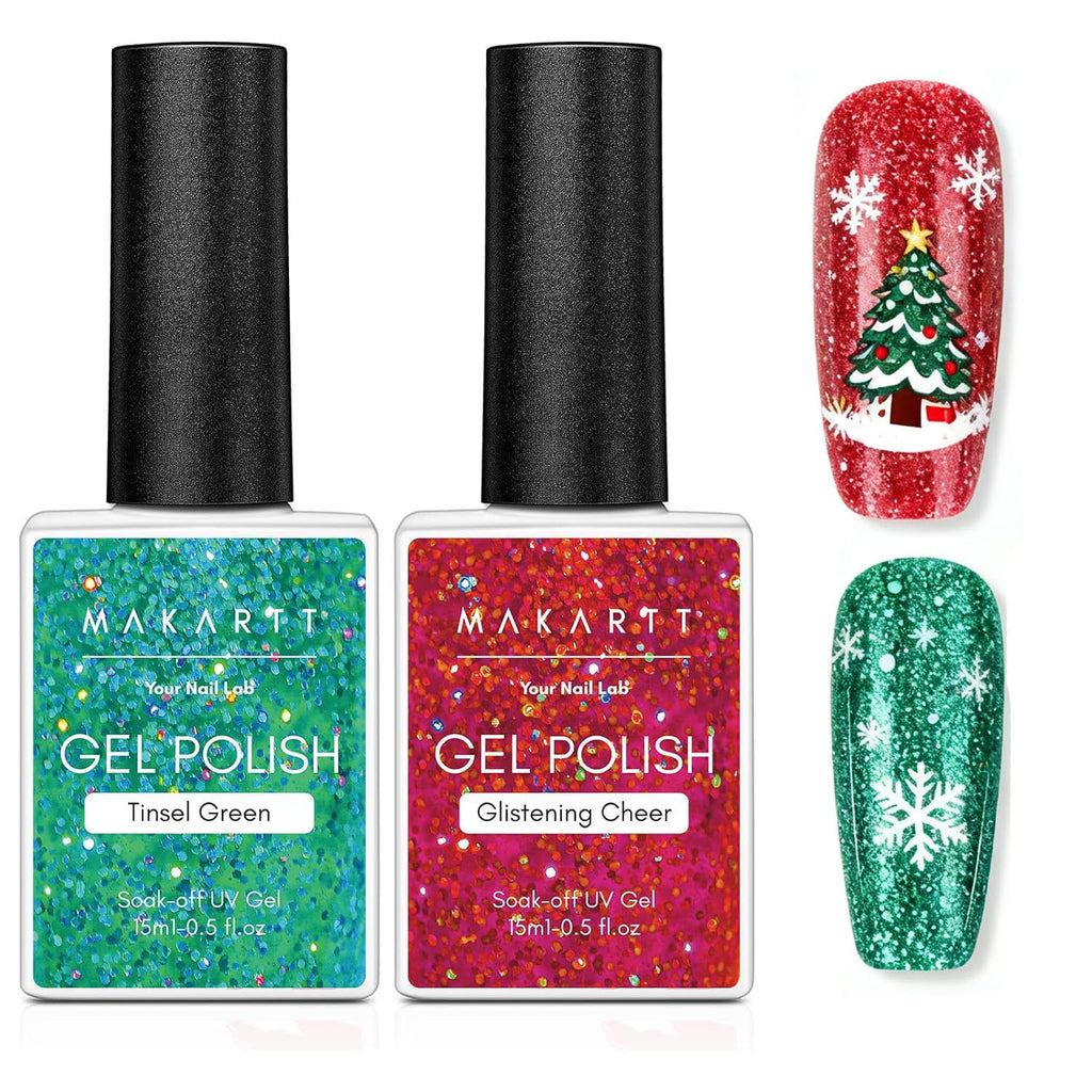 Makartt Christmas Glitter Gel Nail Polish Set – 2x15ml Shimmer Red & Green
