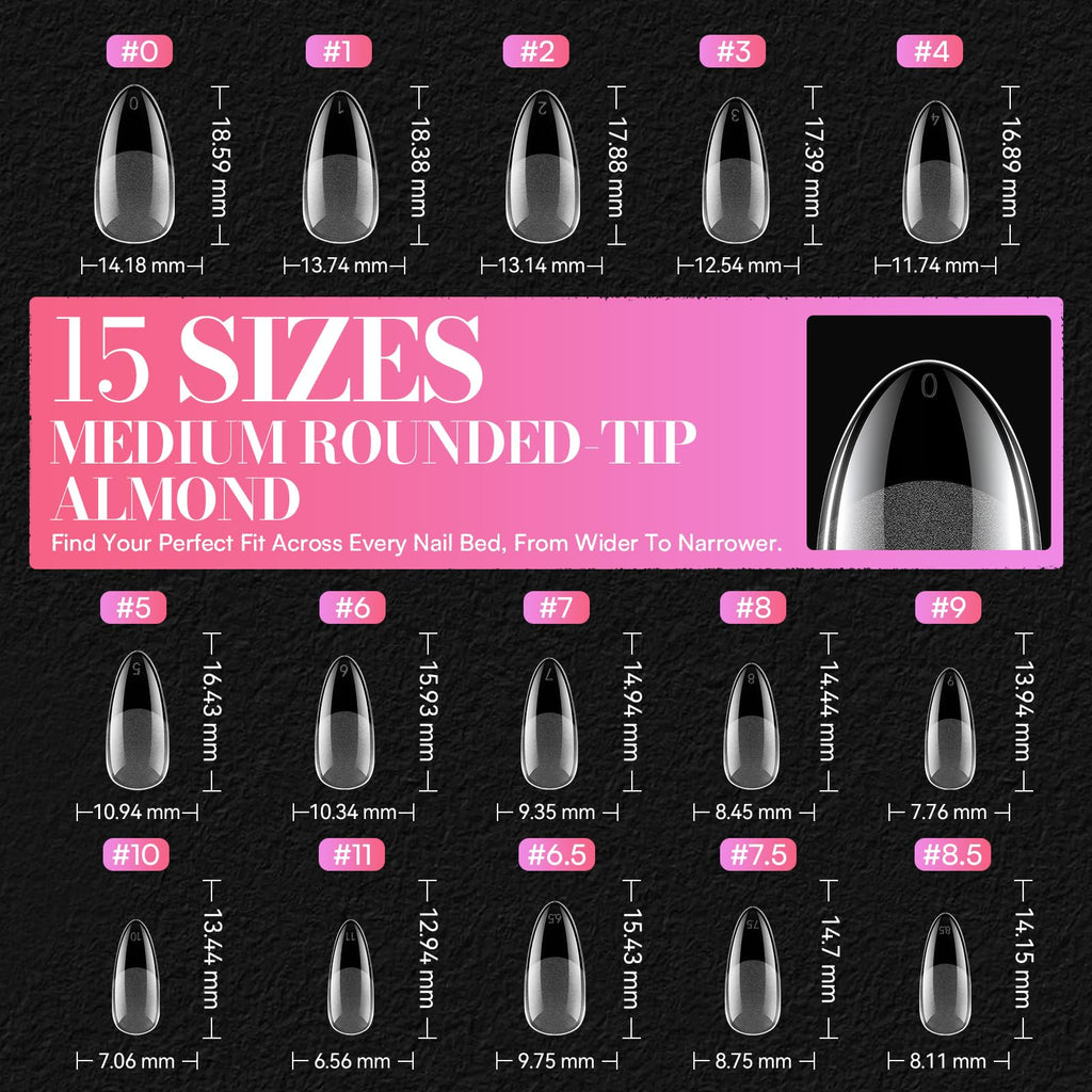 Makartt Medium Almond Nail Tips – 504 PCS, Pre-Etched Clear, 15 Sizes