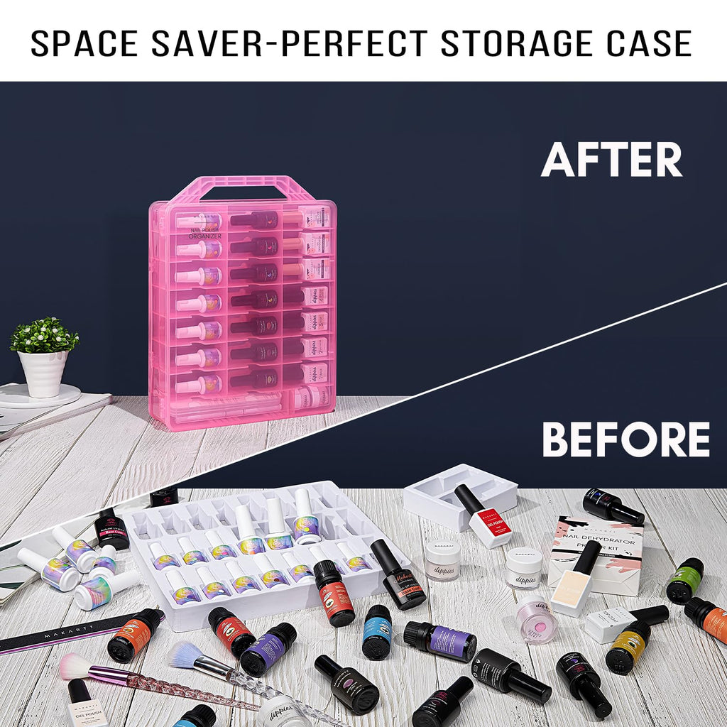 Makartt Nail Polish Organizer – Pink Acrylic Case for 48 Bottles with 8 Adjustable Dividers | Space-Saving