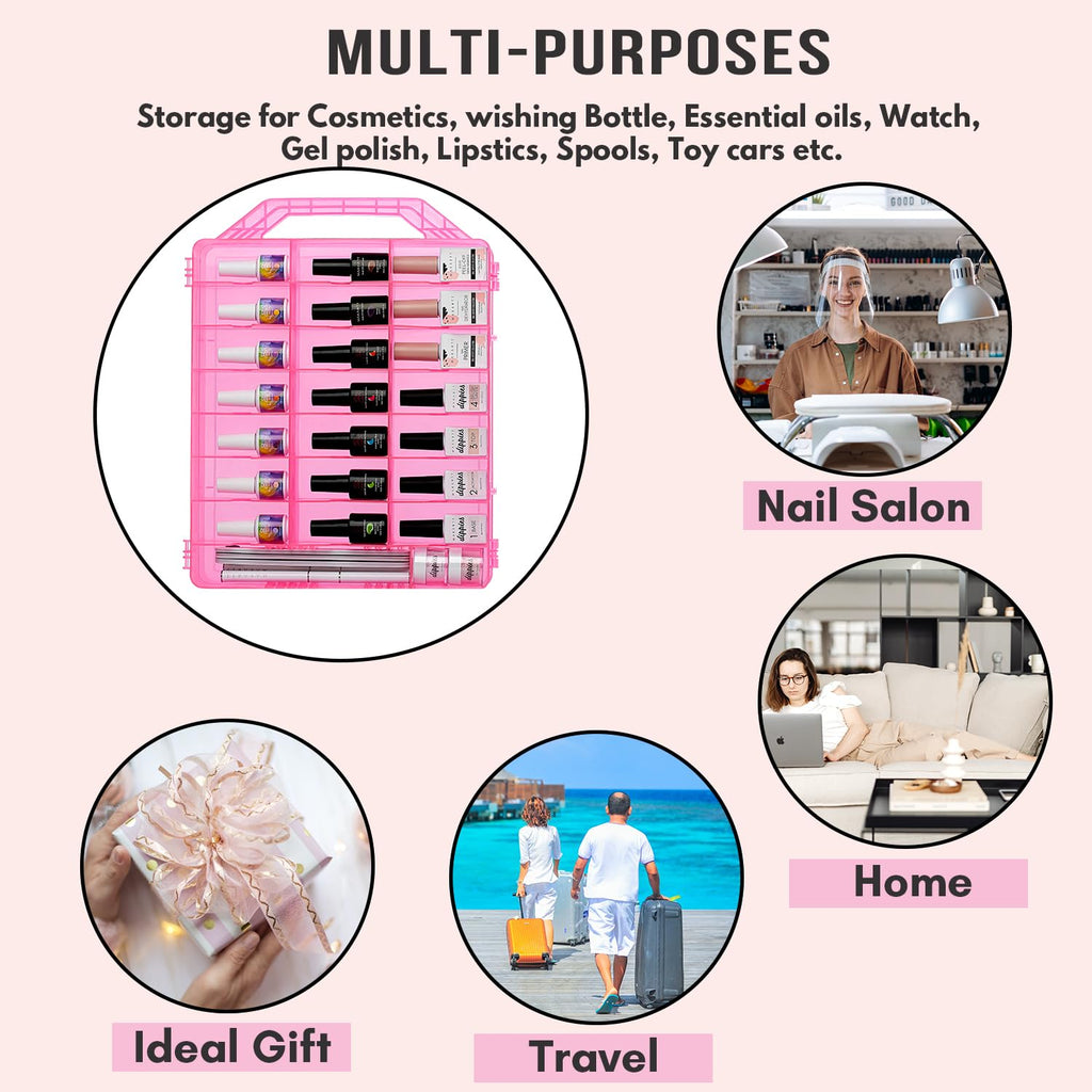 Makartt Nail Polish Organizer – Pink Acrylic Case for 48 Bottles with 8 Adjustable Dividers | Space-Saving