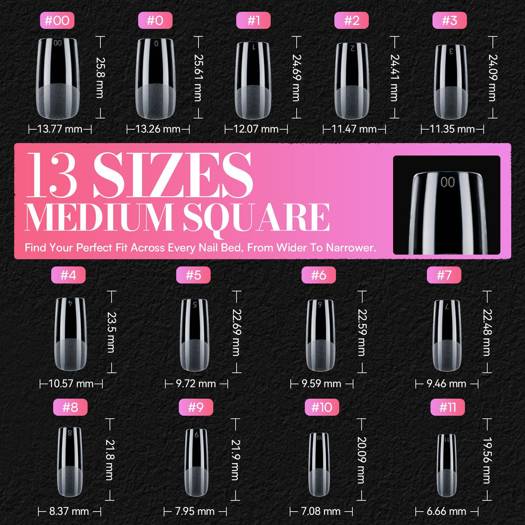 Makartt Medium Square Nail Tips – 504 PCS, 13 Sizes, Clear, Half-Matte