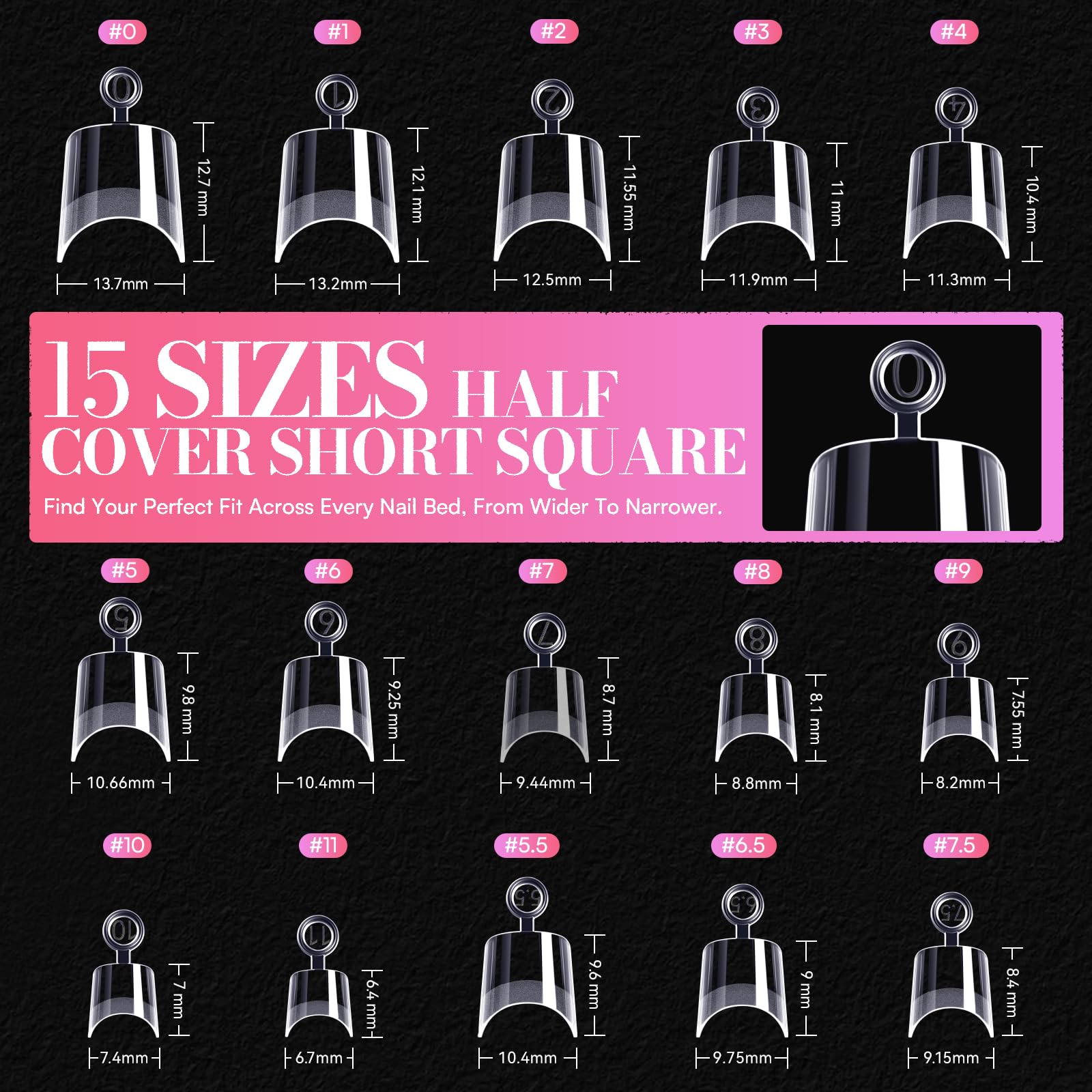 Makartt Short Square Nail Tips – 504 PCS Half-Cover Acrylic Tips, 15 Sizes, Easy DIY Manicure
